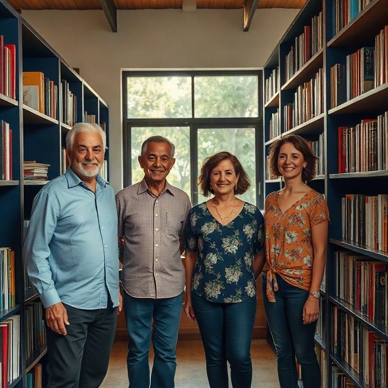 Família Literaturecompassm em pé entre prateleiras índigo na livraria de Fortaleza