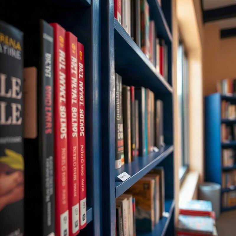 Prateleiras índigo com livros em português em close-up com luz natural em Fortaleza