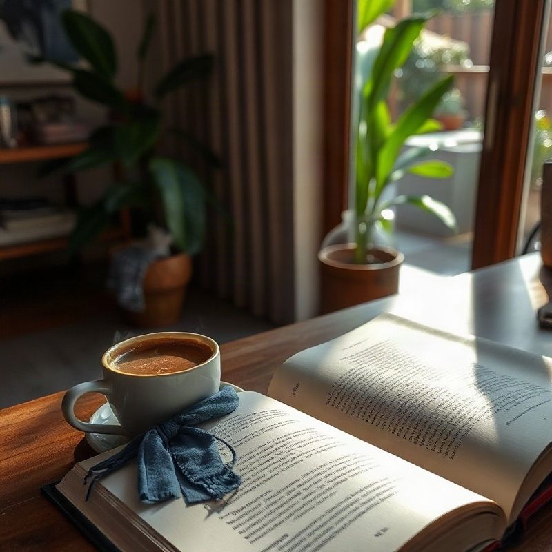 Livro aberto ao lado de uma xícara de café com marcador índigo