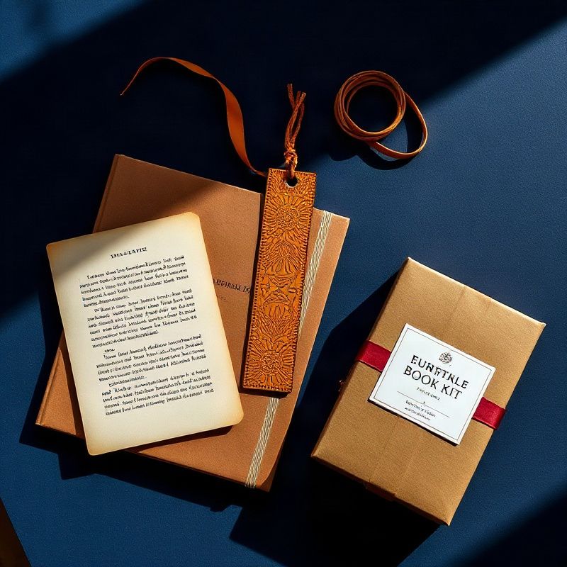 Flat-lay de marcadores em couro gravado, diário de leitura e kit temático sobre superfície índigo
